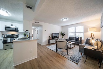 Living room and kitchen at Northlake apartments Jacksonville